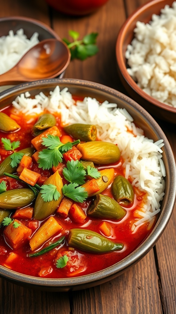 A bowl of drumstick leaf curry with green leaves and tomatoes, garnished with coriander, served with rice.